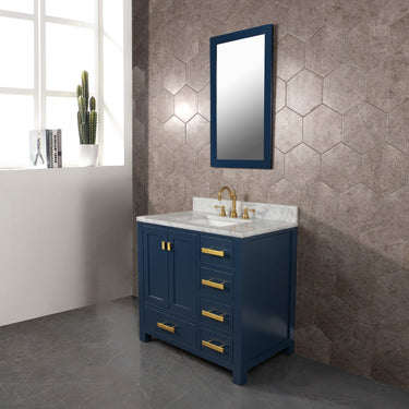 Madison 36-Inch Single Sink Carrara White Marble Vanity In Monarch Blue With Matching Mirror and F2-0012-06-TL Lavatory Faucet Vanity Water Creation